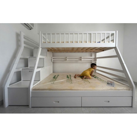 EU192 - White : Giường 2 Tầng, 2 Hộc Kéo + Cầu Thang Đảo Chiều, Giá Sách - Trên 1m / Dưới 1m4